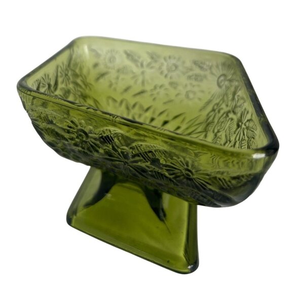 Vtg Indiana Avocado Green Glass Diamond Pedestal Dish Floral Embossed Design - Picture 3 of 7